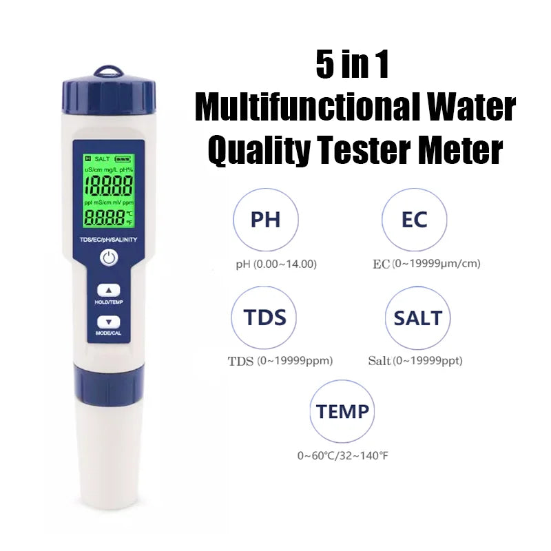 5 in 1 Water Quality Tester with pH, TDS, EC, ORP and Temp Meter