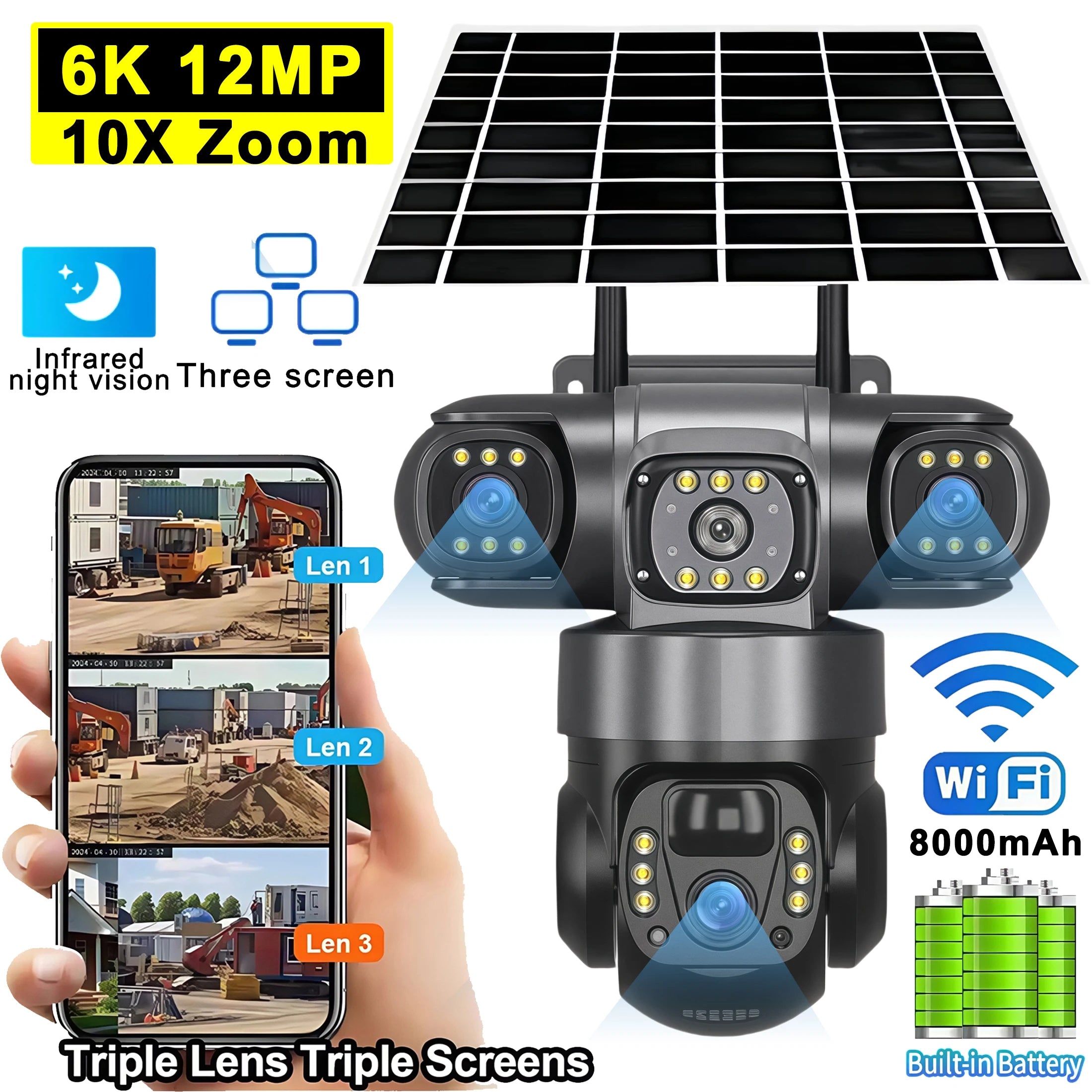 3 Lens WiFi Solar Camera 15MP HD Security CCTV IP66 Waterproof Night Vision Two-Way Audio Camera Mobile Tracking IP Cameras V380
