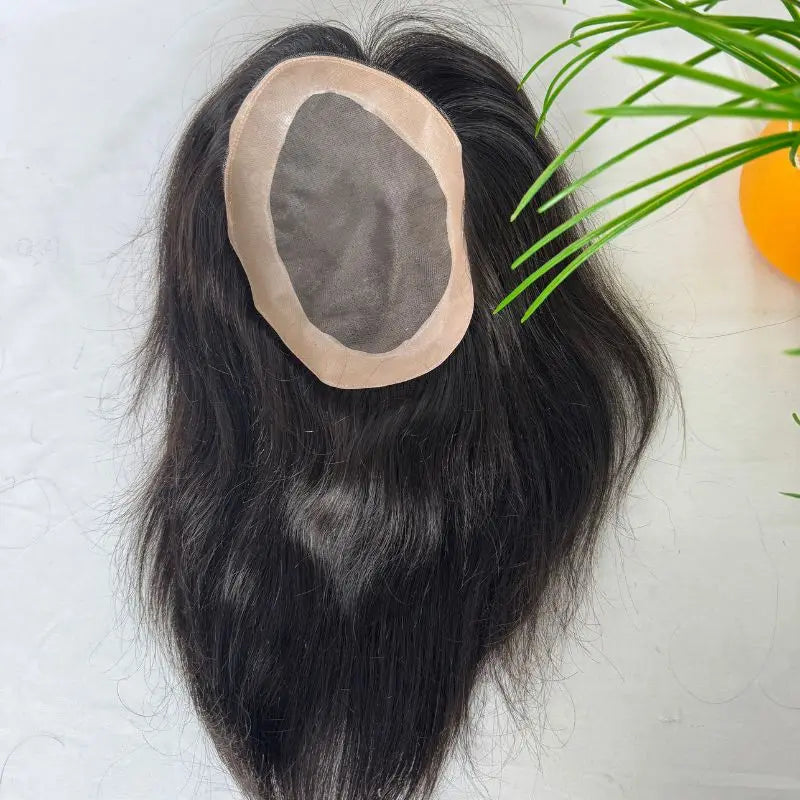 PWIGS Mono Base PU Men's Toupee - 100% Indian Remy Hair, Natural Black 8x6 Inch Natural Color / 130% / 9 inches|6x8