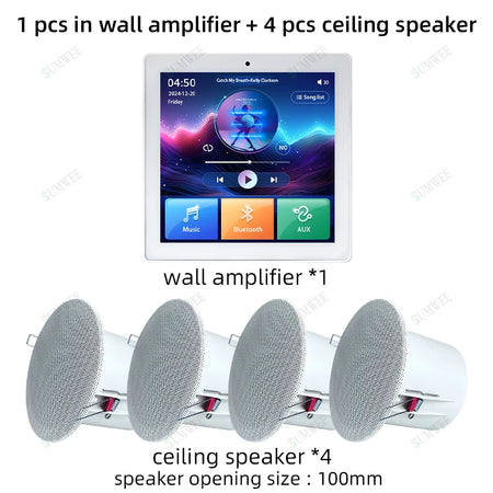 4 Inch Touch Screen In-Wall Bluetooth Power Amplifier with Ceiling Speakers White amp-4 spks