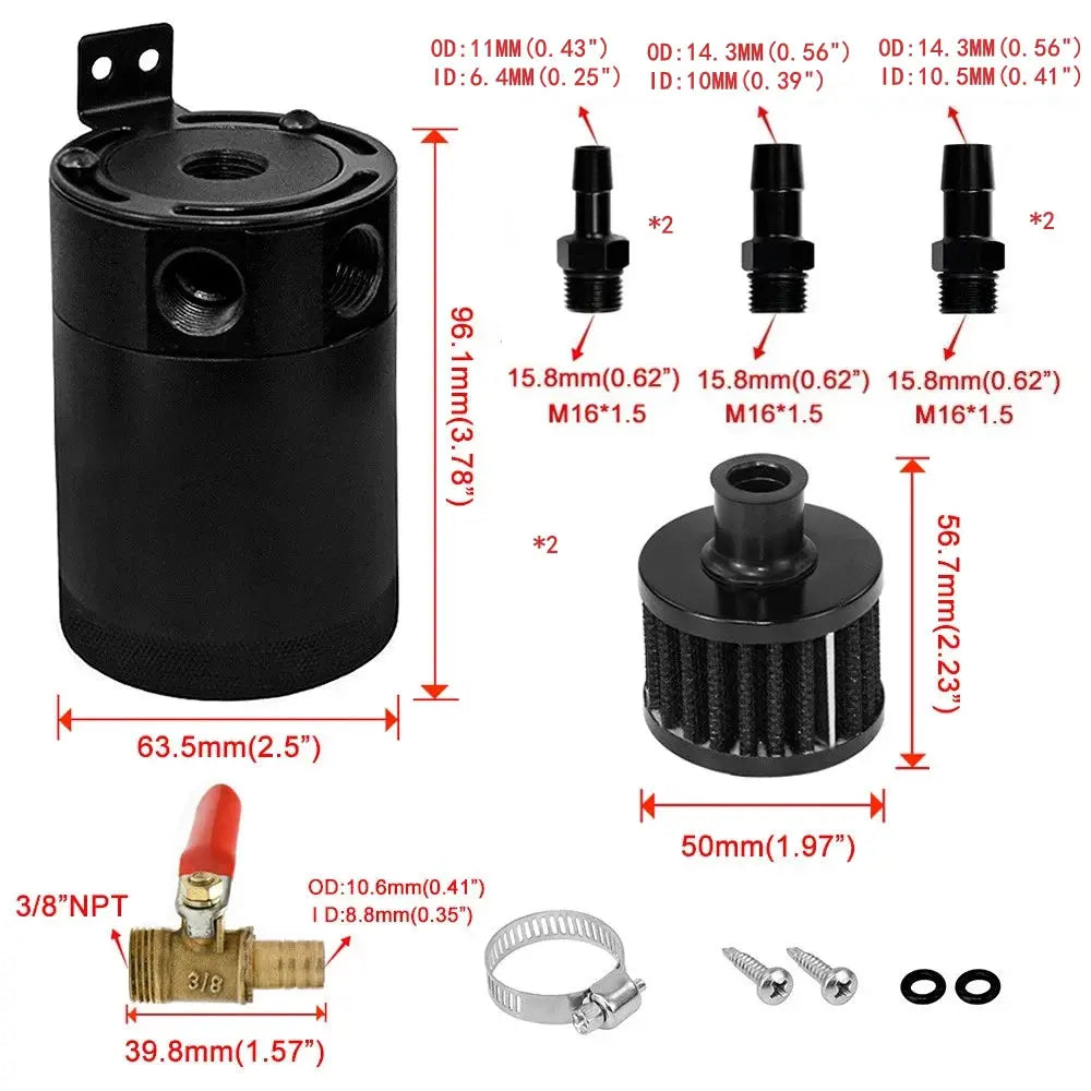 Universal Racing Baffled Aluminum Oil Catch Can Tank 2-Port Reservoir with Drain Valve Breather Cylinder Filter Kit by InterCyprus Trading Ltd