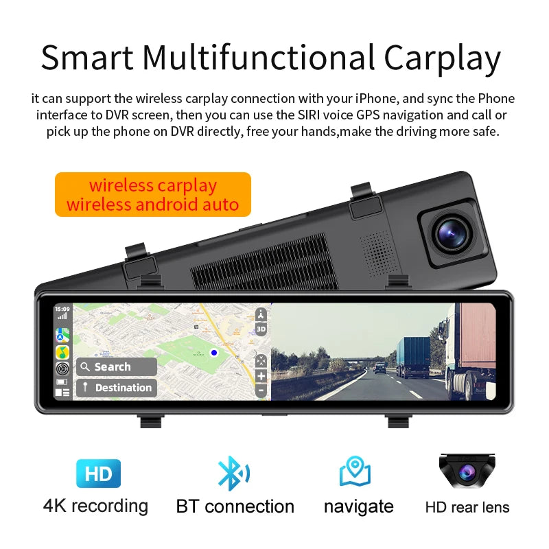 Acceo 4K Dashcam Rearview Mirror Car DVR - Wireless CarPlay