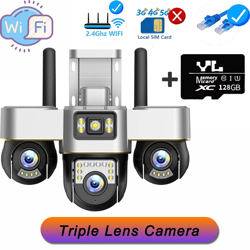 15MP Three Screens IP Camera Wireless Outdoor Three Lens PTZ Lens Audio Human Auto Tracking Surveillance Wifi Cameras Waterproof WIFI Cam 128G Card / EU Plug