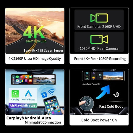 11.26 Inch 4K Car DVR Dash Cam - CarPlay Android Auto GPS