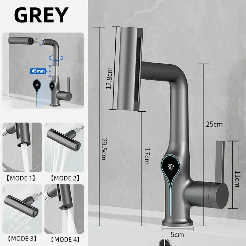 Waterfall Temperature Digital Display Basin Faucet Lift Up Down Stream Sprayer Hot Cold Water Sink Mixer Wash Tap For Bathroom grey / Poland / include 60cm hose