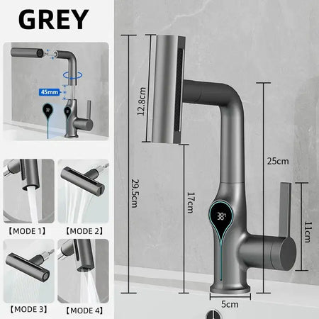 Waterfall Temperature Digital Display Basin Faucet Lift Up Down Stream Sprayer Hot Cold Water Sink Mixer Wash Tap For Bathroom grey / Poland / include 60cm hose