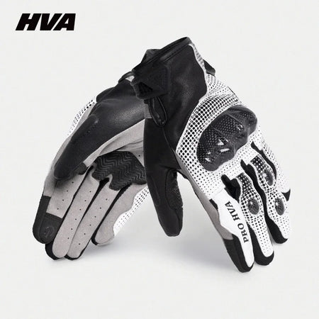 HVA Black Racing Genuine Leather Motorcycle Gloves for All Seasons White / XXL
