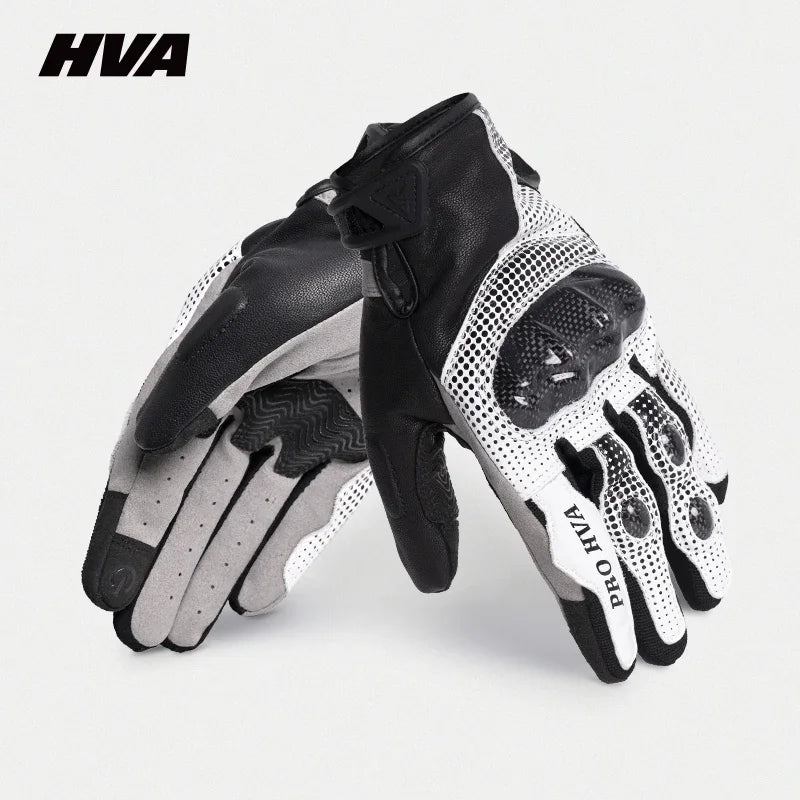 HVA Black Racing Genuine Leather Motorcycle Gloves for All Seasons White / XXL