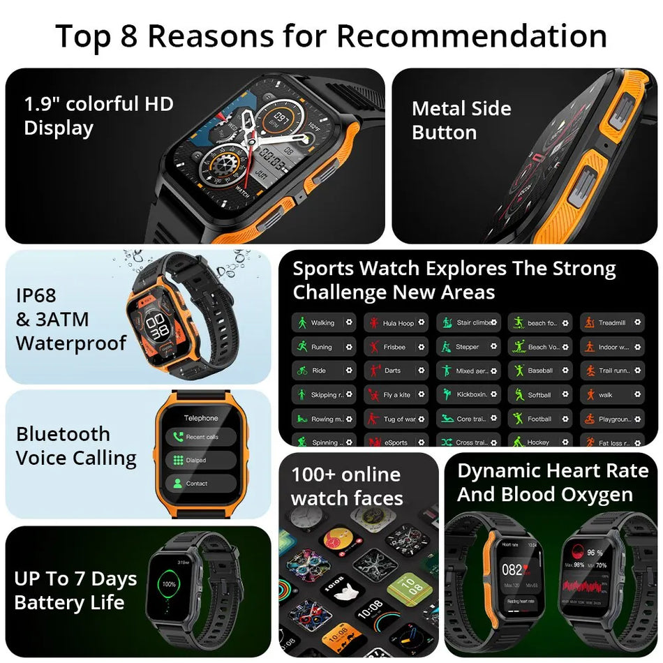 Militaire smartwatch voor heren en dames, 2,01 inch HD, batterij 900 Militaire smartwatch voor heren en dames, 2,01 inch HD, batterij 900