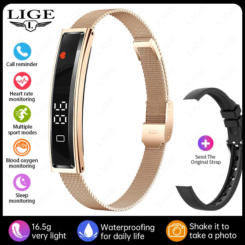 LIGE Fashion Smart Bracelet &ndash; Call Alerts and Heart Rate mesh belt gold / Double straps