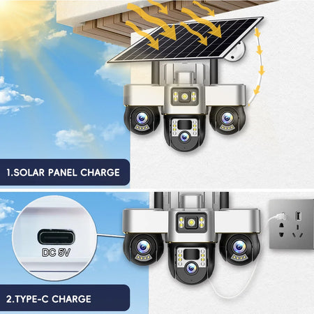 V380 Pro WIFI Three PTZs Lens Solar Camera 15MP Outdoor Waterproof CCTV Mobile Tracking IP Cam Night Vision Two-Way Audio Camera