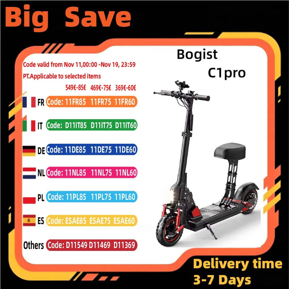 Ηλεκτρικό Σκούτερ Bogist C1 Pro με κάθισμα, Αναδιπλούμενο, Εμβέλεια 40-60χλμ