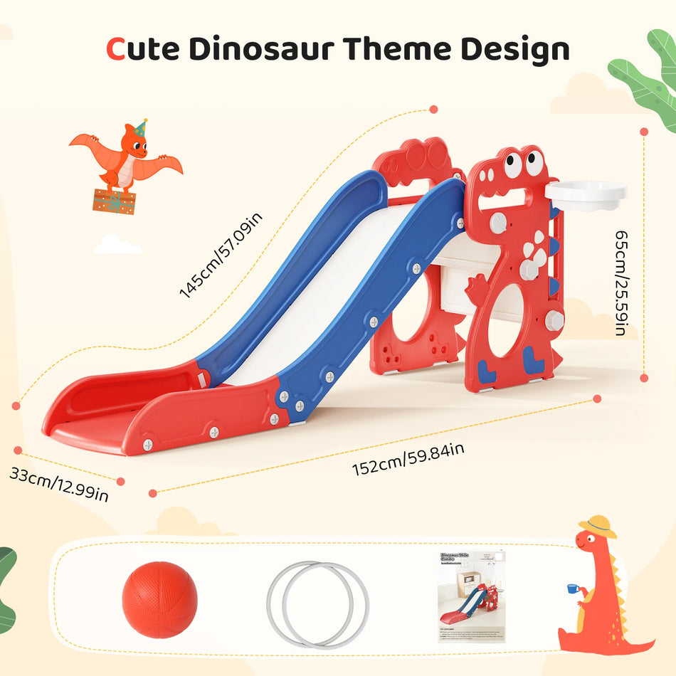 Dětská skluzavka s dinosaurí tématikou se šplhací stěnou a obručí