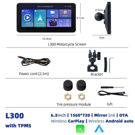EKIY L300 6.3 Inch Motorcycle Display &ndash; Wireless CarPlay and Android Auto L300-TPMS