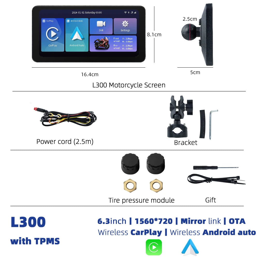 EKIY Universal 6.3 Inch Motorcycle Navigation &ndash; Wireless CarPlay and Android Auto L300-TPMS