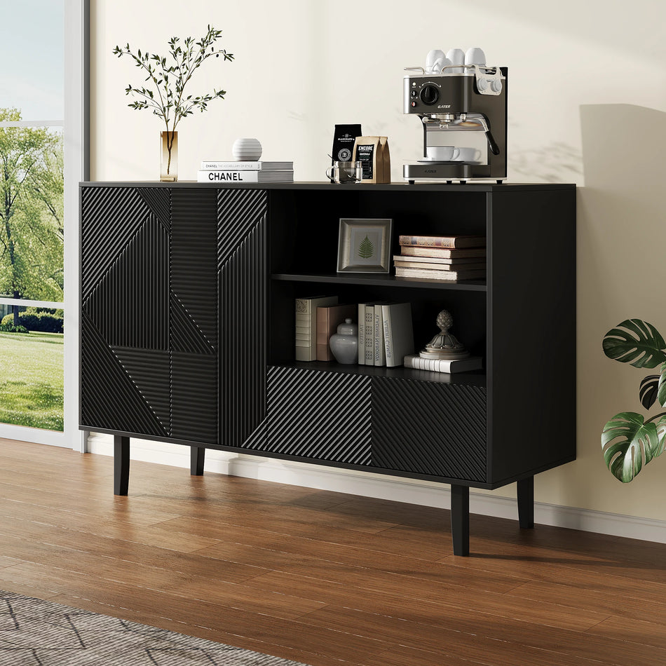 Matowa Czarna Geometriczna Pasy Cabinet Otwarta Przechowalnia 2 Drzwi