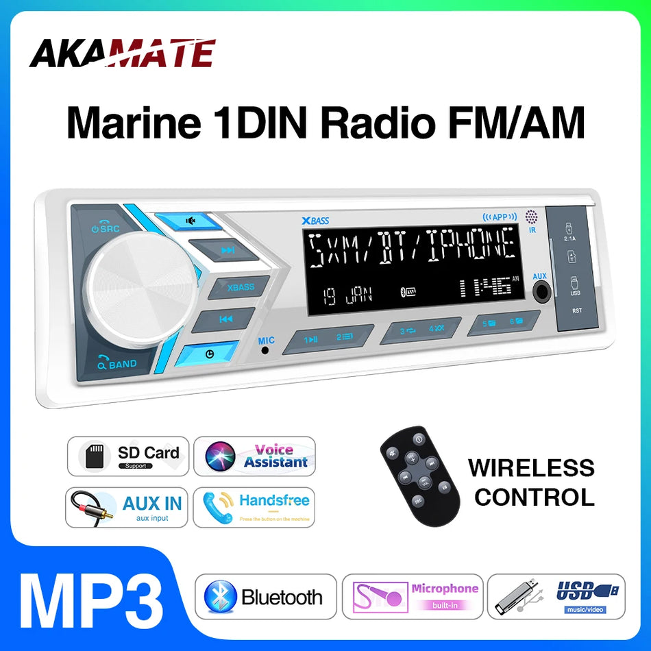 AKAMATE 1Din Boat Radio - Bluetooth USB AUX Marine Stereo