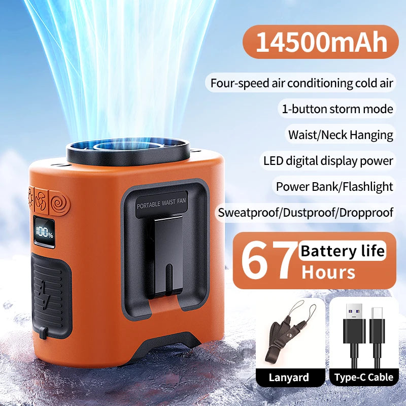 Socool 14500mAh Portable Waist Fan &ndash; 360&deg; Rotating Design with Strong Wind 14500mAh Orange