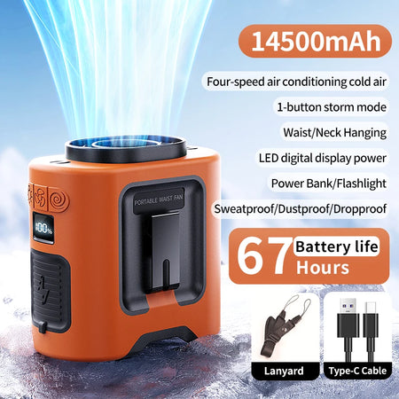 Socool 14500mAh Portable Waist Fan &ndash; 360&deg; Rotating Design with Strong Wind 14500mAh Orange