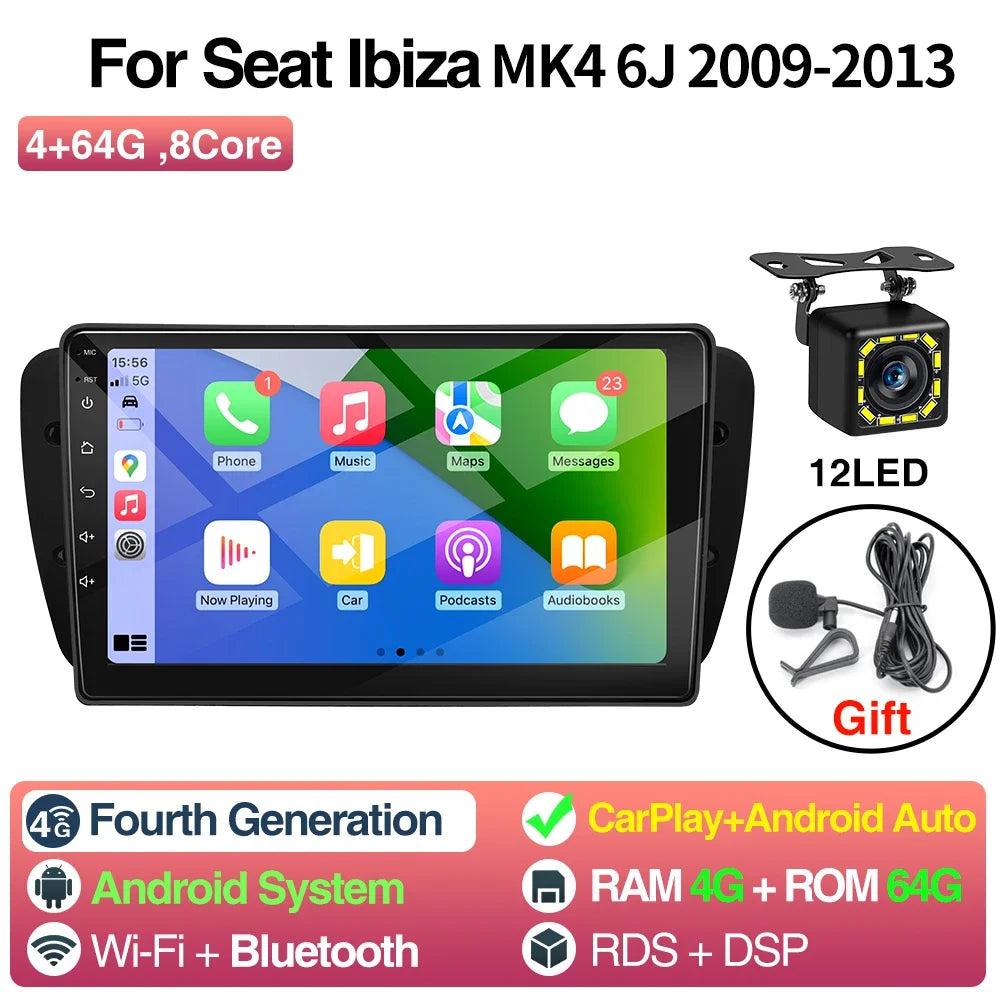 Android Car Radio Seat Ibiza MK4 6J 08-15 - 9Inch CarPlay 4 64G 12LED