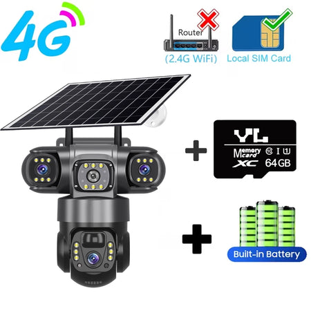 V380 PRO 3 Lens 4G Solar Camera HD 15 MP 360 Outdoor Waterproof CCTV Night Vision Two-Way Audio Camera Human Detection IP Camera 4G Camera 64G Card