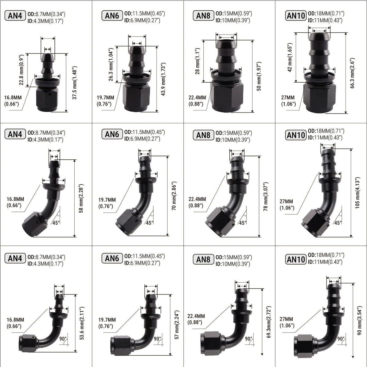 Reusable AN Push-On Hose Fittings With 0 45 90 180 Angles For Fuel Lines by InterCyprus Trading Ltd