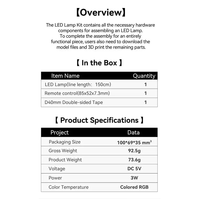 Bambu Lab LED Lamp Kit 001 Hardware For 3D Printing Parts