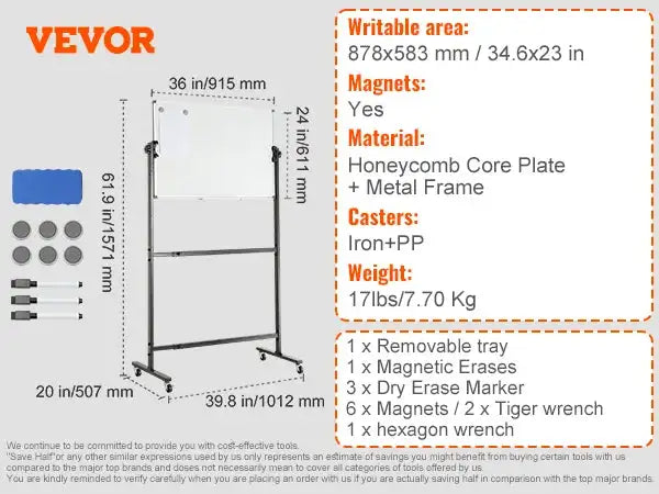 Rolling Magnetic Whiteboard Double Sided Mobile 360 36x24in movable / GERMANY