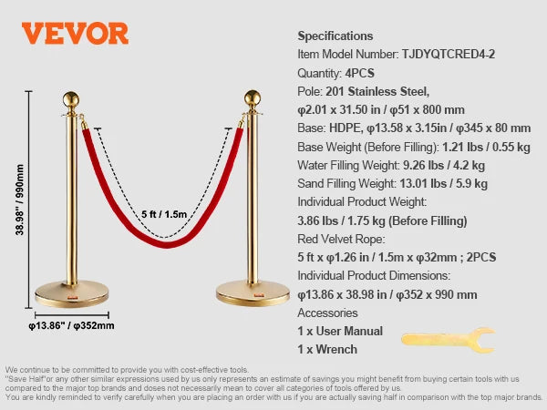 SucceBuy Velvet Ropes Gold Stanchion - Ball Top Design
