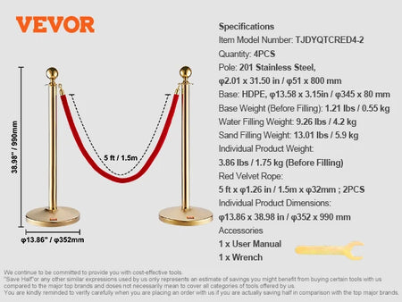SucceBuy Velvet Ropes Gold Stanchion - Ball Top Design