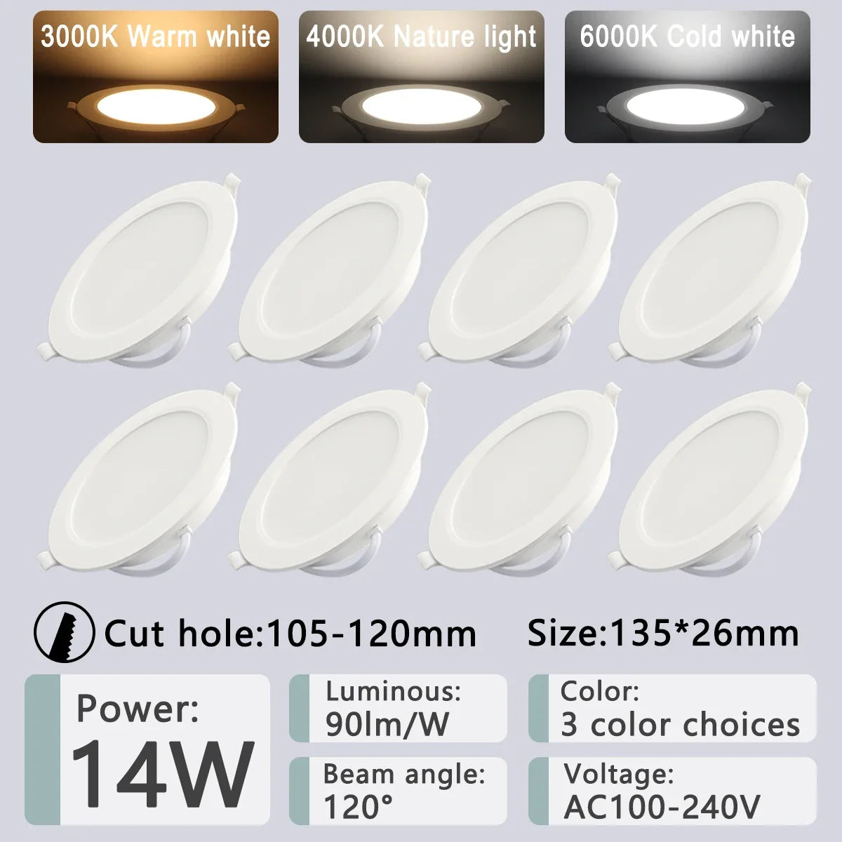 8 Pack Recessed Led Downlight 8 Inch &ndash; Multi Color Temp 14W / Natural light 4000K / AC100-240V