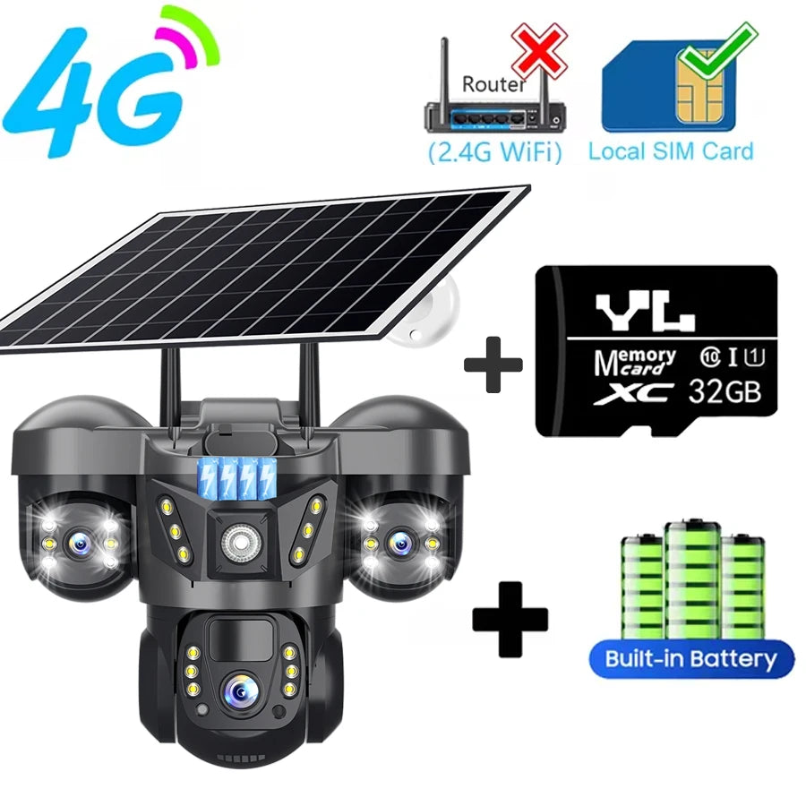 V380 Pro 15MP 4G Solar Camera Three Lens Two-way Audio Outdoor IP66 Waterproof Built-in Battery Security CCTV HD Network Camera 4G Cam Add 32G Card