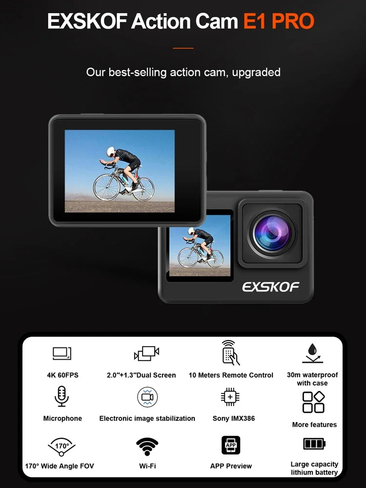 EXSKOF E1 Pro &ndash; 4K 60FPS Dual Screen Action Camera