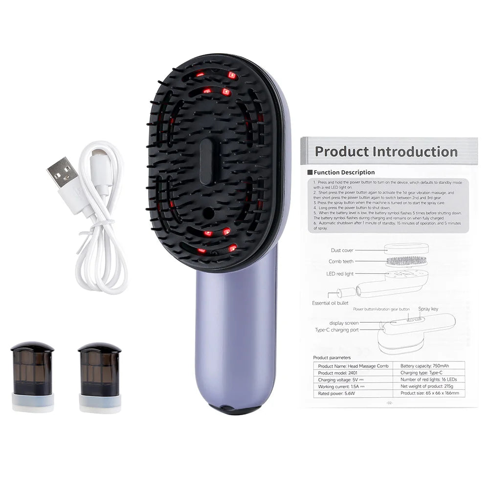 Hair Care Massage Comb &ndash; Vibration Scalp Massager with Spray Applicator PURPLE