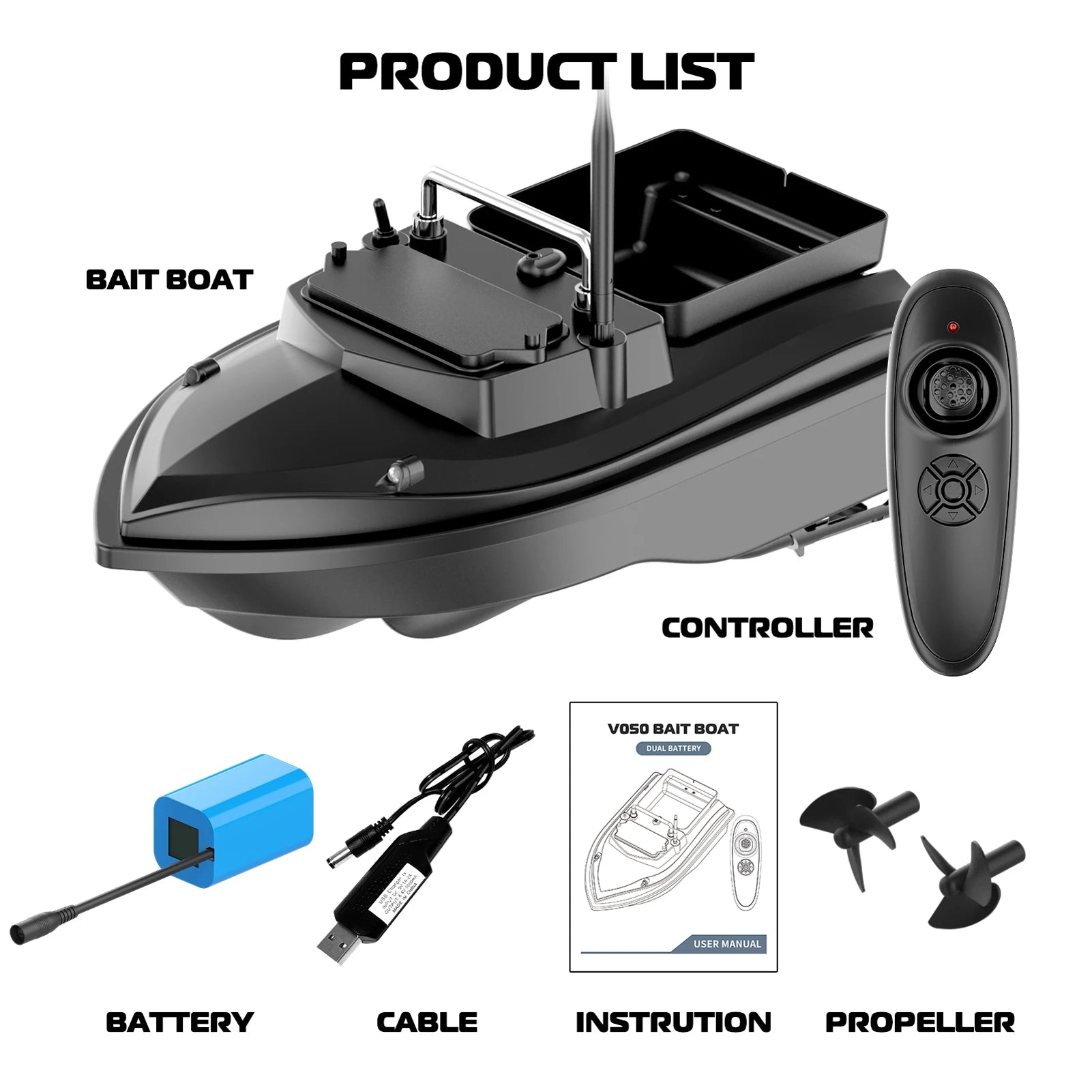 V050 Remote Control Fishing Bait Boat with Dual Motors and Fish Finder Black 12000mAh