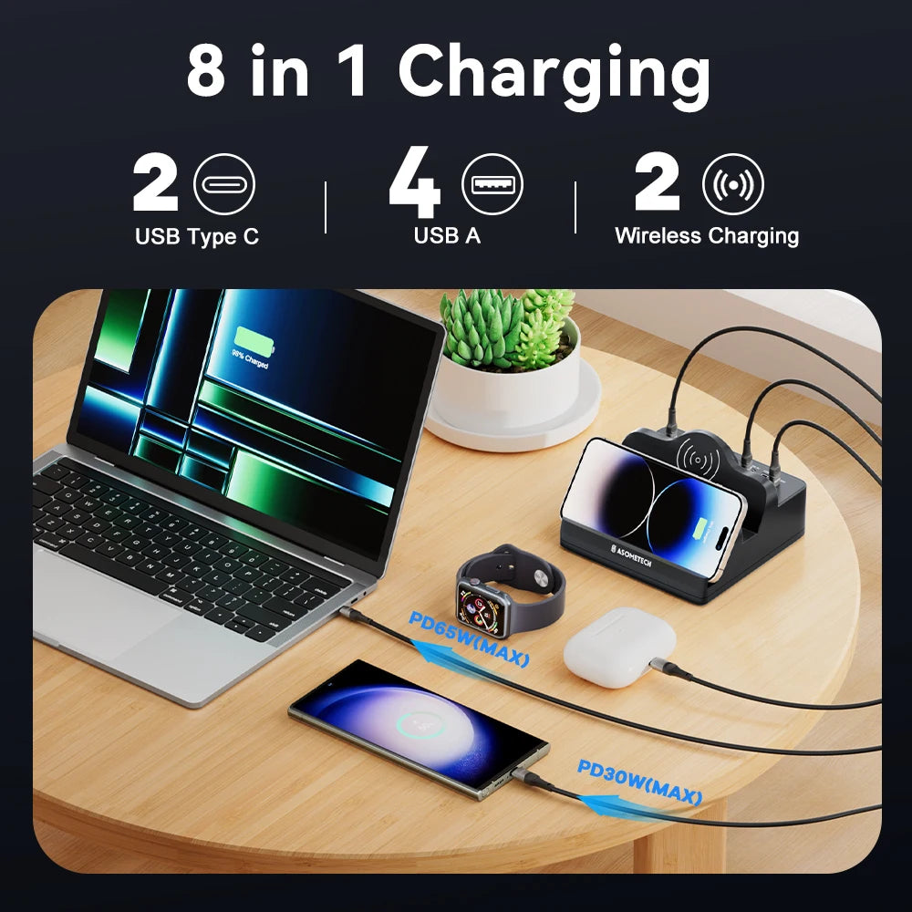 ASOMETECH 110W 6 Port USB Charger Station &ndash; Dual Fast Wireless Charging