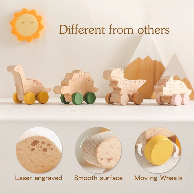 Beech Wooden Dinosaur Cartoon Car Teether Montessori Toys