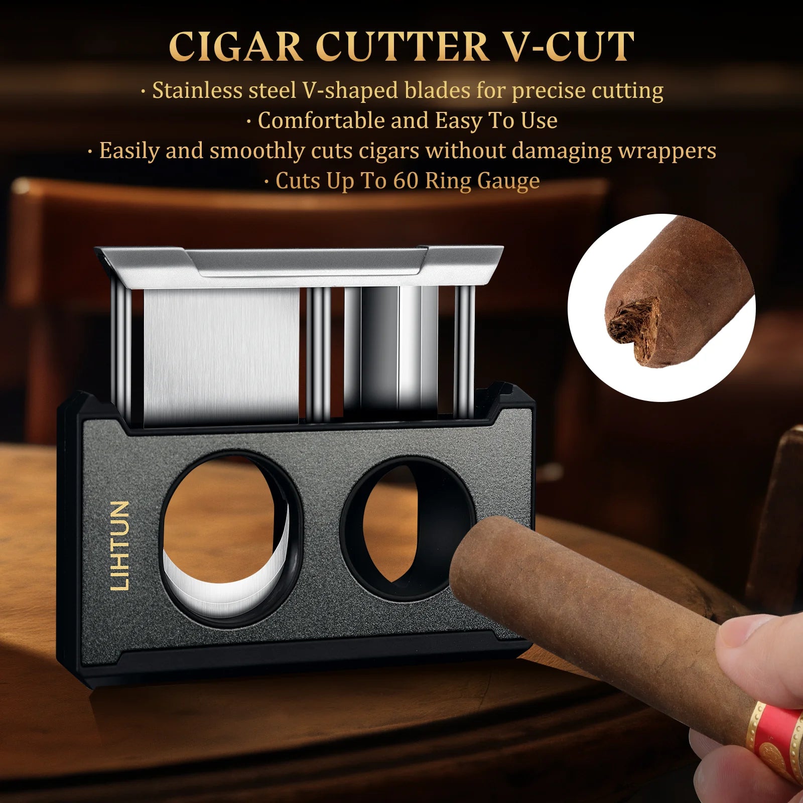 CIGARLOONG Taglia sigaretta in acciaio inox con lama affilata a V con supporto per sigari (nero CIGARLOONG Taglia sigaretta in acciaio inox con lama affilata a V con supporto per sigari (nero