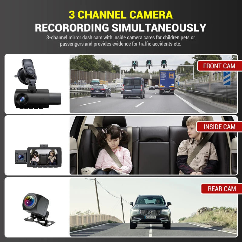 3 Channel Dash Cam &ndash; 2K Front and Rear Dual Lens with GPS WiFi and Night Vision