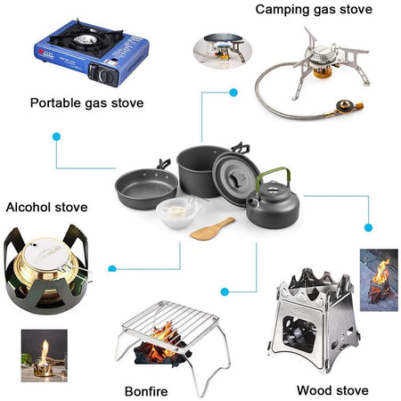 Camping Cookware Kit Outdoor Aluminum Cooking Set Water Kettle Pan Pot Hiking Picnic Tableware Equipment 0.8 Liter Kettle