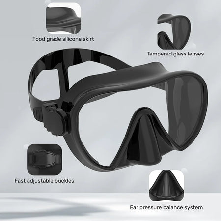 Frameless Scuba Diving Mask with Panoramic Tempered Glass and Silicone Skirt