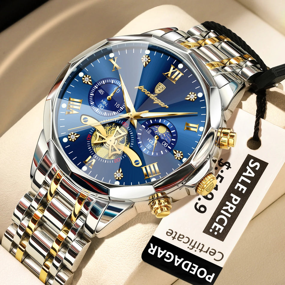 POEDAGAR Luxury Men's Watch Stainless Steel Quartz Chronograph Waterproof