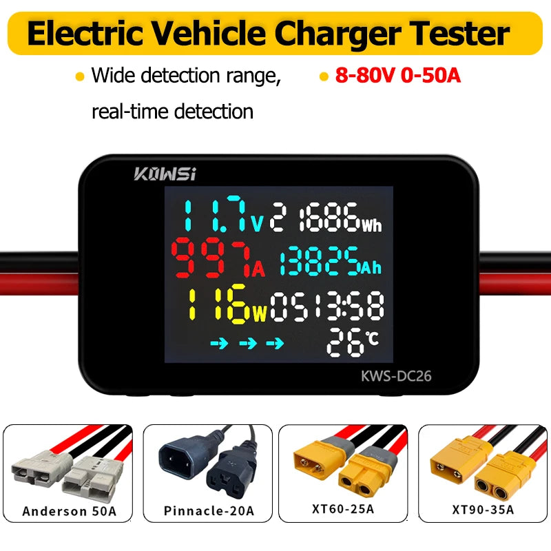 Testador de Carga de Bateria com Voltmímetro e Amperímetro, 8-80V, Interface XT60/XT90