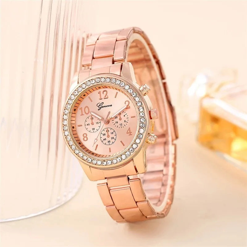 Luxury Women's Diamond Quartz Watch and Bracelet Set
