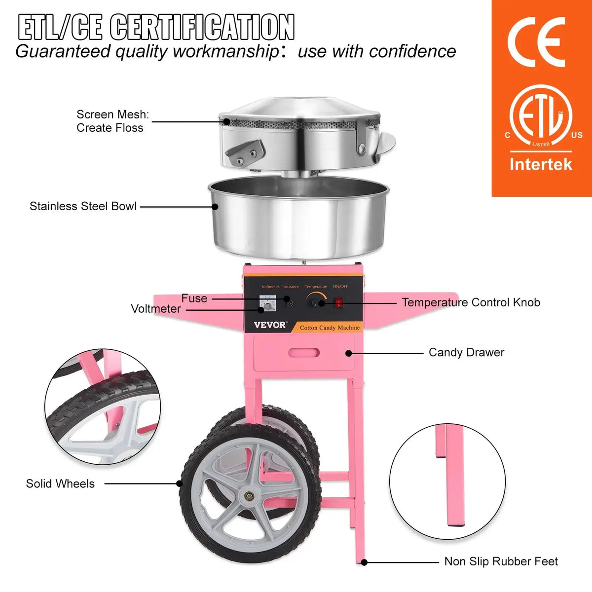 1000W Electric Cotton Candy Machine With Cart