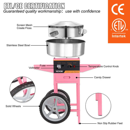 1000W Electric Cotton Candy Machine With Cart