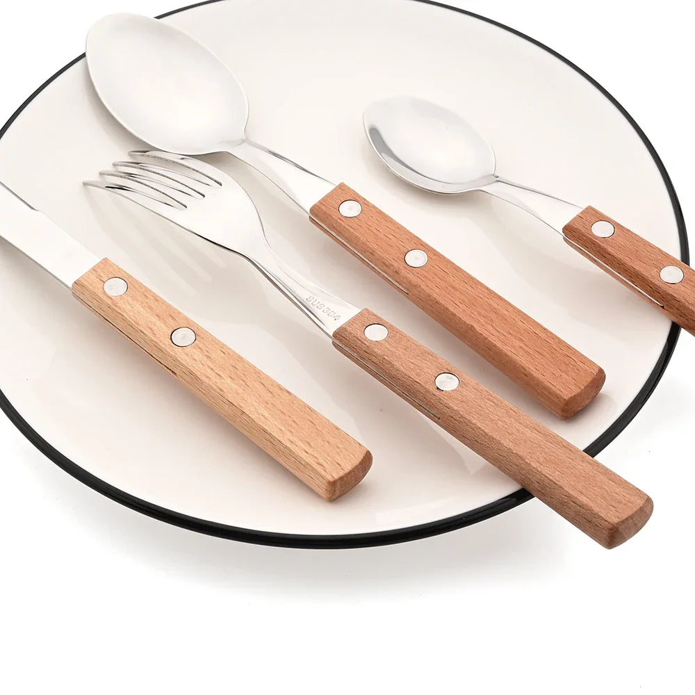4Pcs Wooden Handle Cutlery Set &ndash; Eco-Friendly Stainless Steel Dinnerware