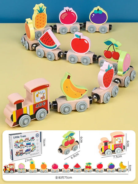 Montessori Magnetic Wooden Educational Train Set - Learning Colors and Animals Puzzle for Kids, Includes 10 Carriages with Cute Themes Fruit