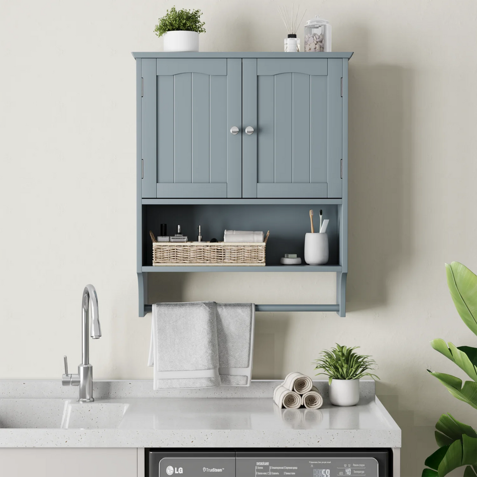 Badrumsväggskåp med handdukshållare och 2 dörrar