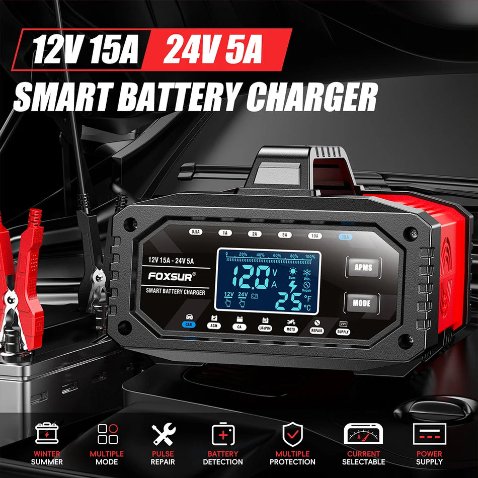 Automobilio akumuliatoriaus įkroviklis 12V 24V, 15A reguliuojamas, skaitmeninis ekranas, ABS korpusas